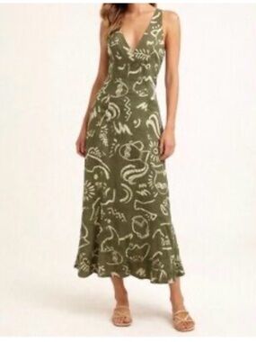 Paper Heart Olive Green Abstract Print V Neck Linen Maxi Resort Dress Women’s M